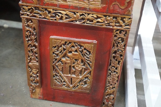 A Chinese carved scarlet and gilt painted altar table with faux stone top, length 198cm, depth 41cm, height 98cm